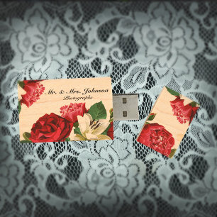 Red Floral Flowers Watercolor Wedding Custom USB Wood Flash Drive