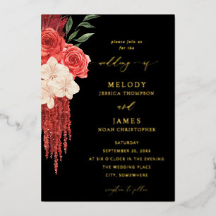 Red Floral Foil Wedding Invitation - Black