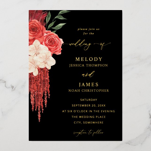 Red Floral Foil Wedding Invitation - Black Foil Invitation (Front)