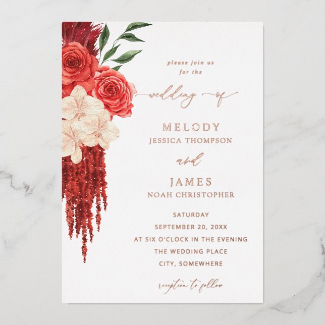 Red Floral Foil Wedding Invitation Foil Invitation (Front)
