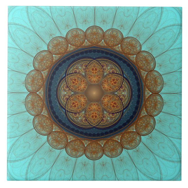 Red floral fractal ornament ceramic tile (Front)
