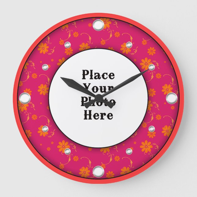 Red Floral Frame Your Photo Wall Clock (Front)