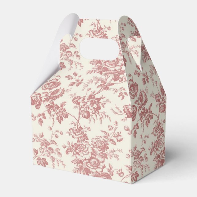 Red Floral French Toile Canvas Party Favor Box  (Front Side)