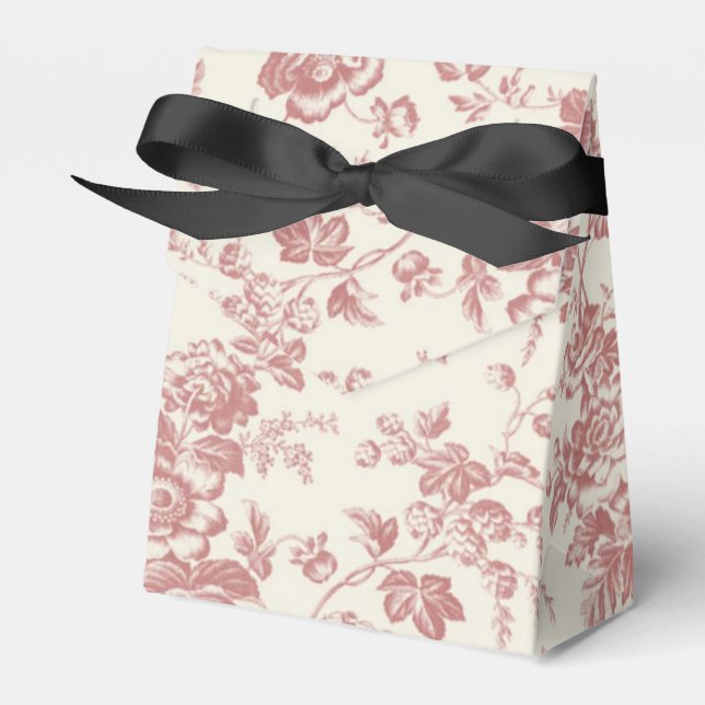 Red Floral French Toile Canvas Party Favor Box  (Front Side)