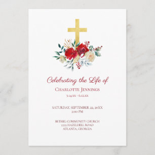 Red Floral Funeral Memorial Order of Service Program