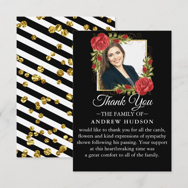 Red Floral Funeral Photo Thank You Card (Front/Back)