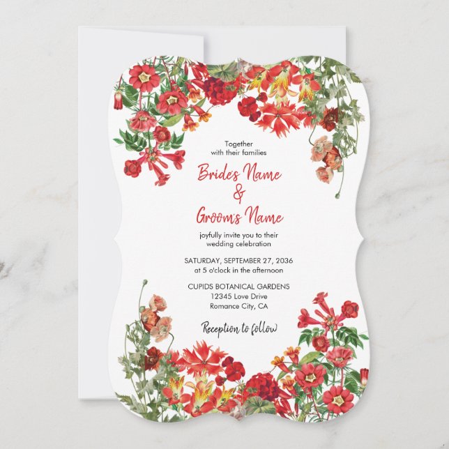 Red Floral Garden Botanical Flowers Wedding Invitation (Front)
