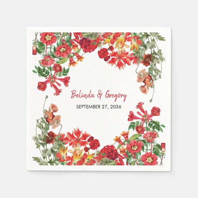 Red Floral Garden Botanical Flowers Wedding  Napkins (Front)