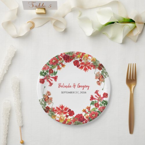 Red Floral Garden Botanical Flowers Wedding  Paper Plates