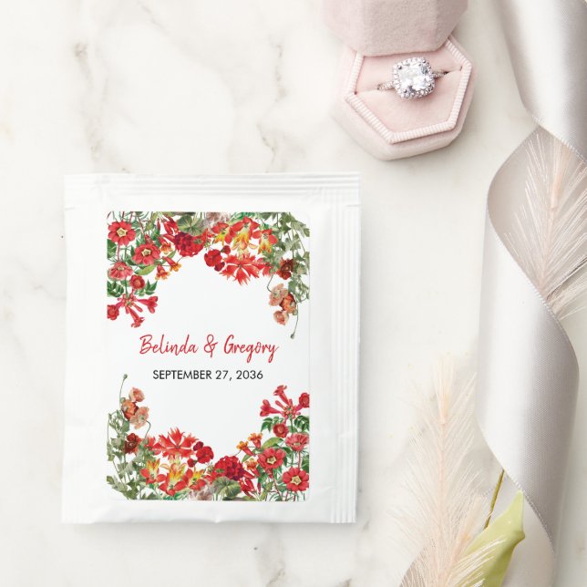 Red Floral Garden Botanical Flowers Wedding  Tea Bag Drink Mix (Wedding)