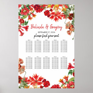 Red Floral Garden Flowers Wedding Seating Chart