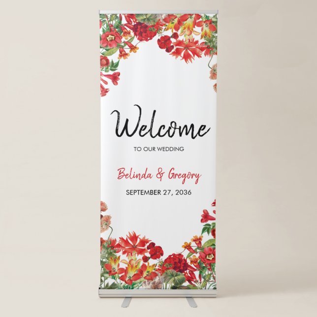 Red Floral Garden Flowers Wedding Welcome Sign (Front)