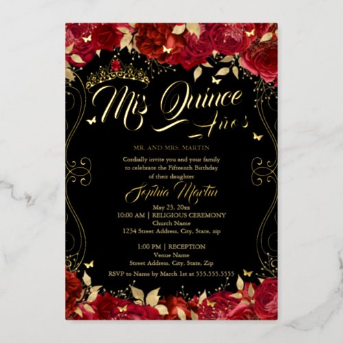 Red Floral Garden Scroll Mis Quince Quinceanera  Foil Invitation