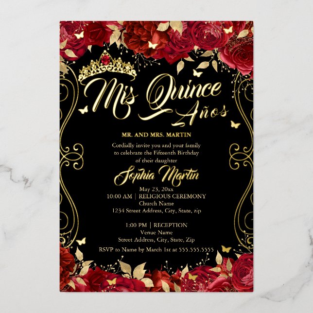 Red Floral Garden Scroll Mis Quince Quinceanera  Foil Invitation (Front)