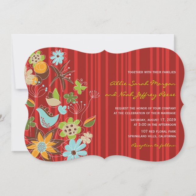 Red Floral Garden Wedding Invite & Reception Card (Front)