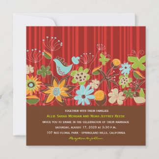 Red Floral Garden Wedding Invite & Reception Card