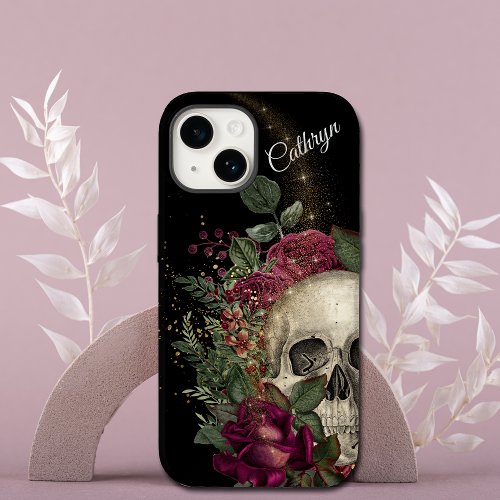 Red Floral Glitter Skull Personalized Case_Mate iPhone 14 Case