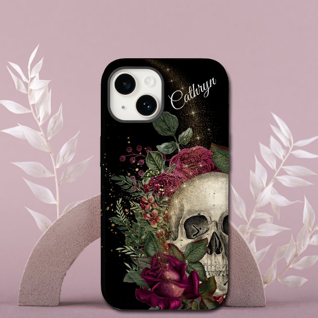 Red Floral Glitter Skull Personalized Case-Mate iPhone Case (Creator Uploaded)