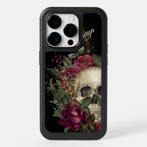 Red Floral Glitter Skull Personalized OtterBox iPhone 14 Pro Case