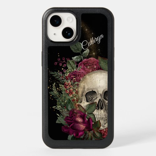 Red Floral Glitter Skull Personalized OtterBox iPhone 14 Case