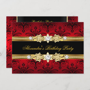 Red Floral Gold Black Women's Birthday Party Invitation