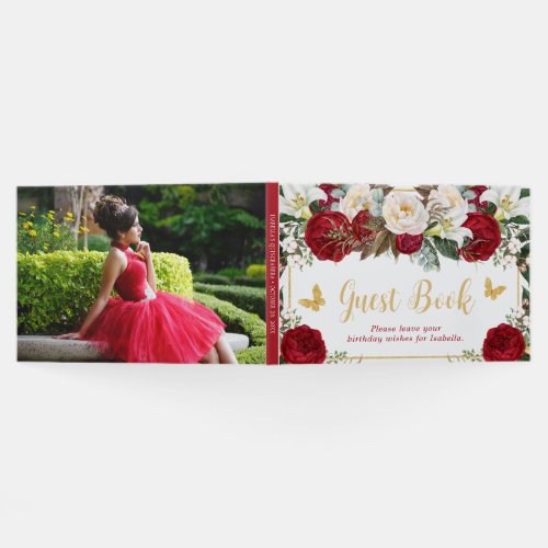 Red Floral Gold Butterflies Photo Quinceaera Guest Book