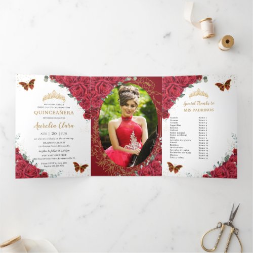 Red Floral Gold Butterflies Quincea&#241;era 15 Photos Tri-Fold Invitation