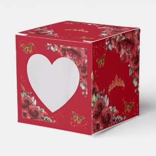 Red Floral Gold Butterflies Quinceanera 15 XV Mini Favor Boxes