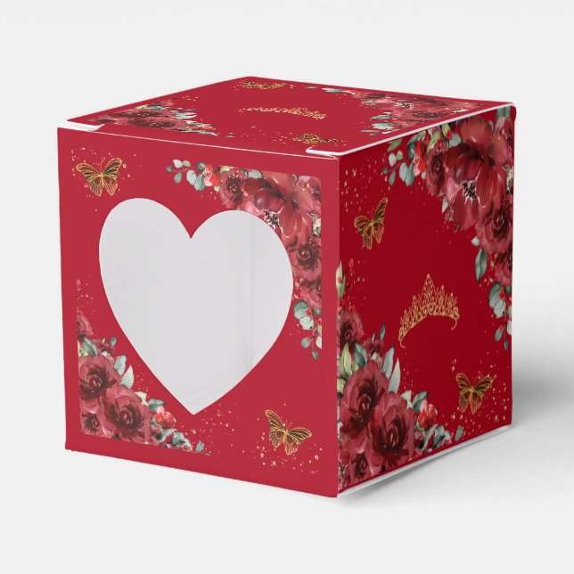 Red Floral Gold Butterflies Quinceanera 15 XV Mini Favor Boxes (Front Side)