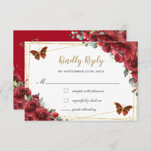 Red Floral Gold Butterflies Quinceañera Reply RSVP Card