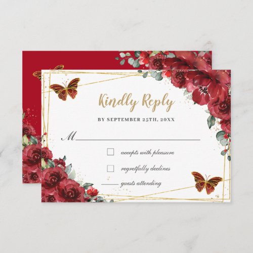 Red Floral Gold Butterflies Quinceaera Reply RSVP Card