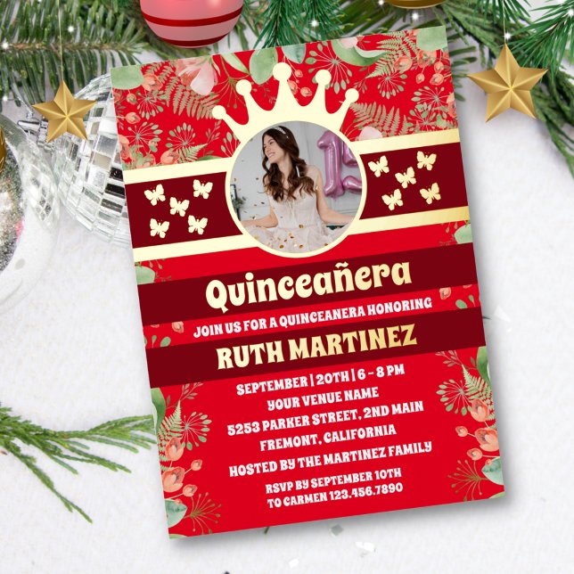 Red Floral Gold Butterfly Quinceanera Party Photo Foil Invitation (Creator Uploaded)