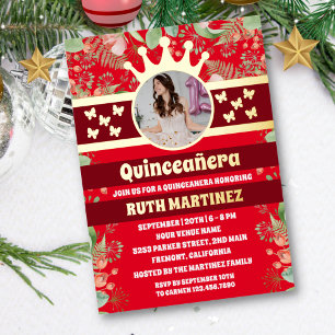 Red Floral Gold Butterfly Quinceanera Party Photo Foil Invitation