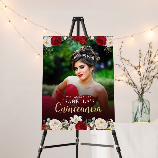 Red Floral Gold Butterfly Quinceañera Welcome Sign (In Situ (Stand))