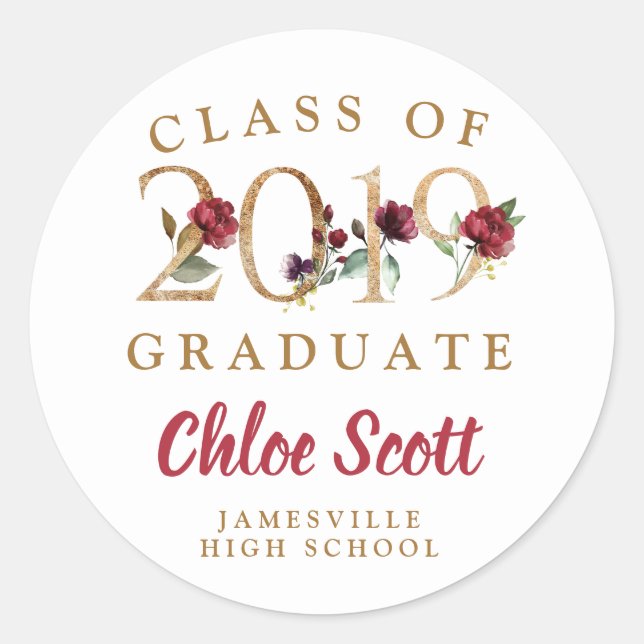 Red Floral Gold Class of 2019 Graduation Classic Round Sticker (Front)