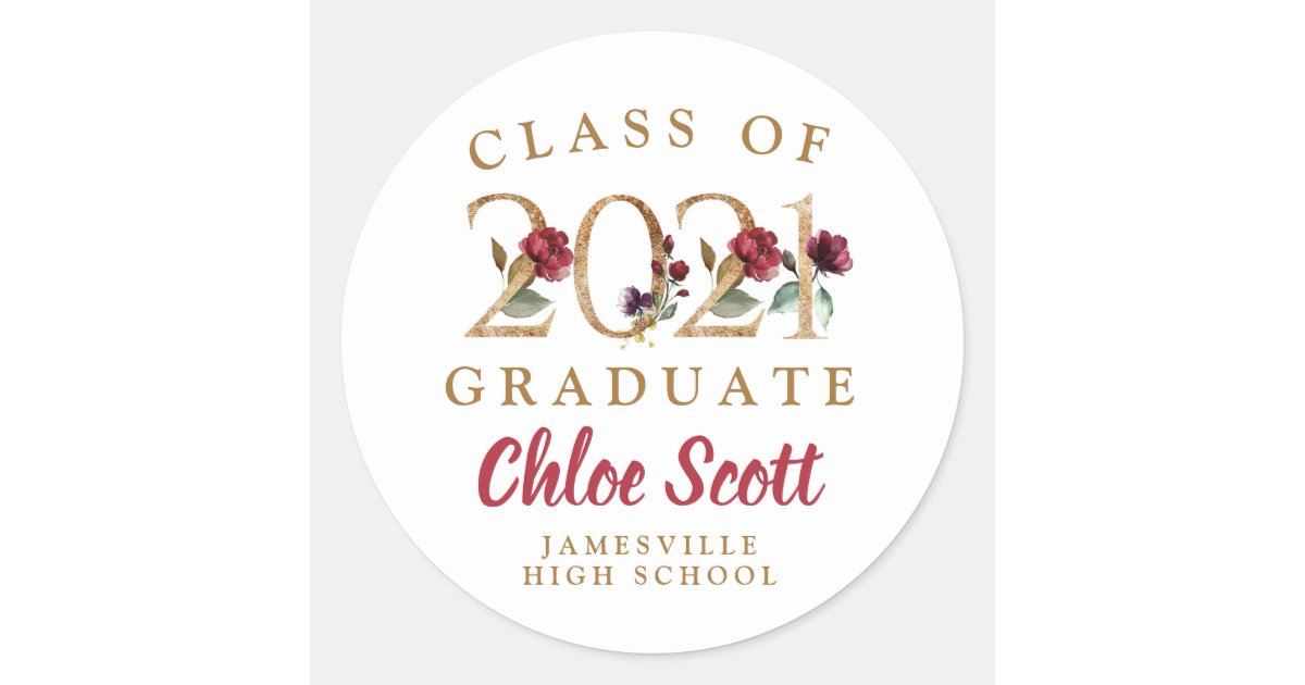 Red Floral Gold Class of 2021 Graduation Classic Round Sticker | Zazzle
