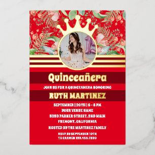 Red Floral Gold Crown princess Quinceanera Foil Invitation