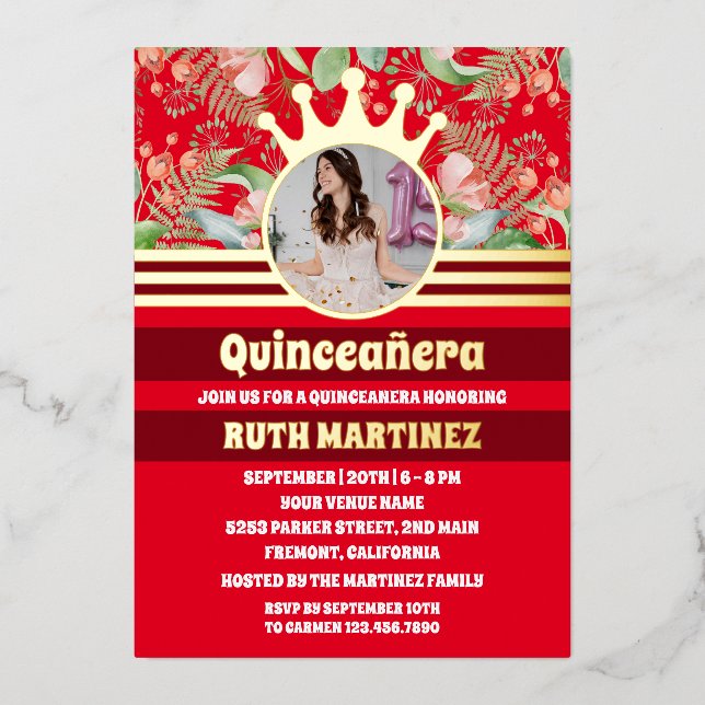 Red Floral Gold Crown princess Quinceanera Foil Invitation (Front)