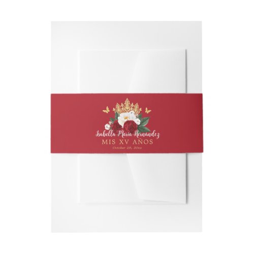Red Floral Gold Crown Quinceaera Invitation Belly Band