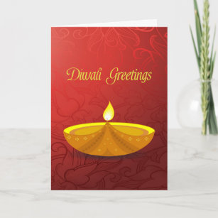 Red Floral, Gold Diya, Diwali Greetings Holiday Card