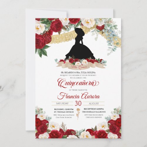 Red Floral Gold Elegant Charro Quince Birthday Invitation