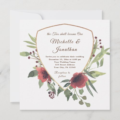 Red Floral Gold Frame Christian Wedding Invitation