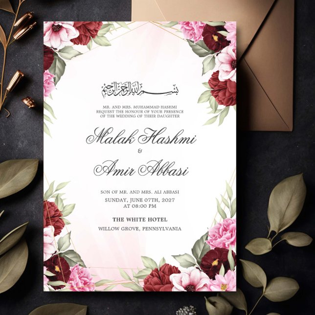 Red Floral Gold Frame Islamic Muslim Wedding Invitation (Creator Uploaded)