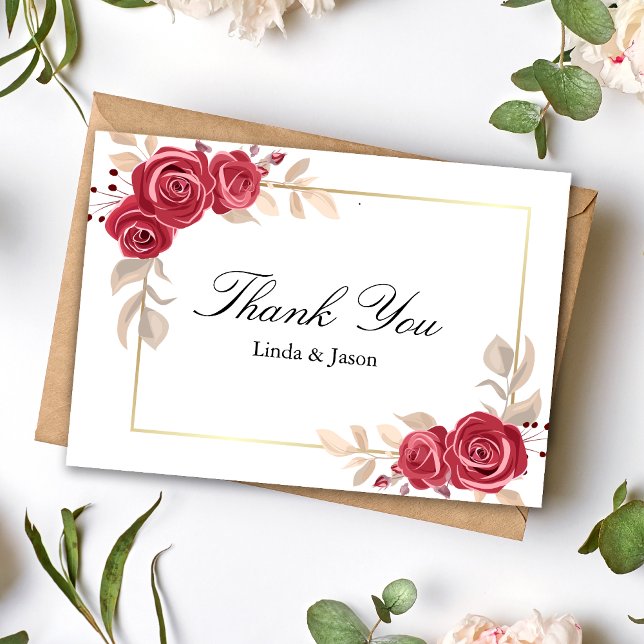 Red Floral Gold Frame Wedding Thank You Card (Creator Uploaded)