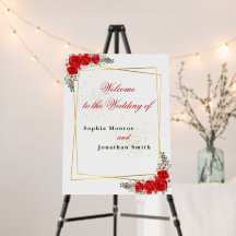 red floral gold frame wedding welcome board