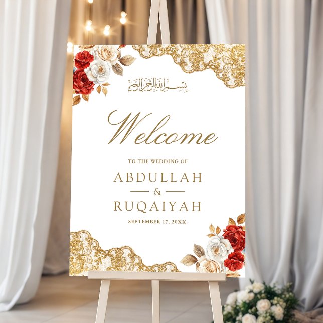 Red Floral Gold Lace Muslim Wedding Welcome Sign (Creator Uploaded)