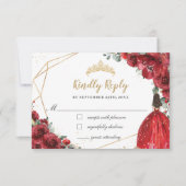 Red Floral Gold Princess Quinceañera Reply RSVP Card (Front)