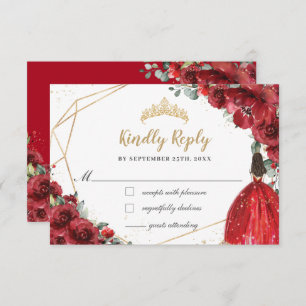 Red Floral Gold Princess Quinceañera Reply RSVP Card