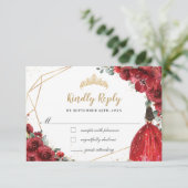 Red Floral Gold Princess Quinceañera Reply RSVP Card (Standing Front)