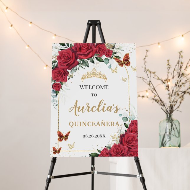Red Floral Gold Quinceañera 16 Butterflies Welcome Foam Board (In Situ (Stand))